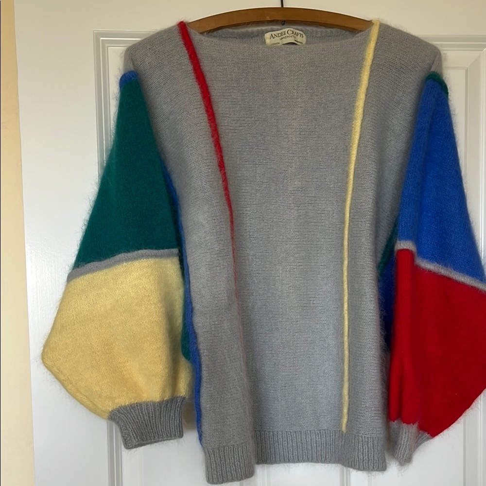 Gray and Red, Blue, Green and Yellow Cashmere Crew Neck Sweater.